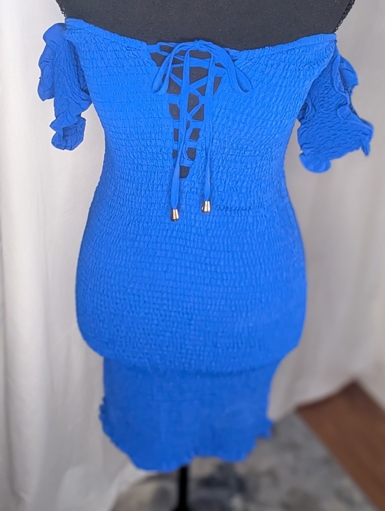 Cefian Dresses & Skirts - Cefian Blue Smocked Off Shoulder Mini Dress Lace Up Front Size S